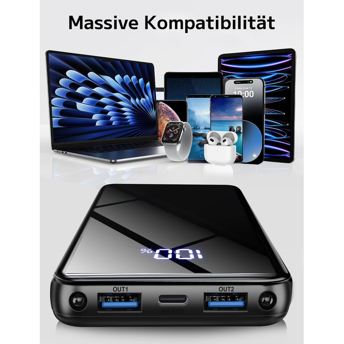 Power Bank 20000mAh з швидкою зарядкою 22,5W USB-C PD3.0 & QC4.0, LED дисплеєм, для iPhone, Galaxy, подорожей та кемпінгу, чорний