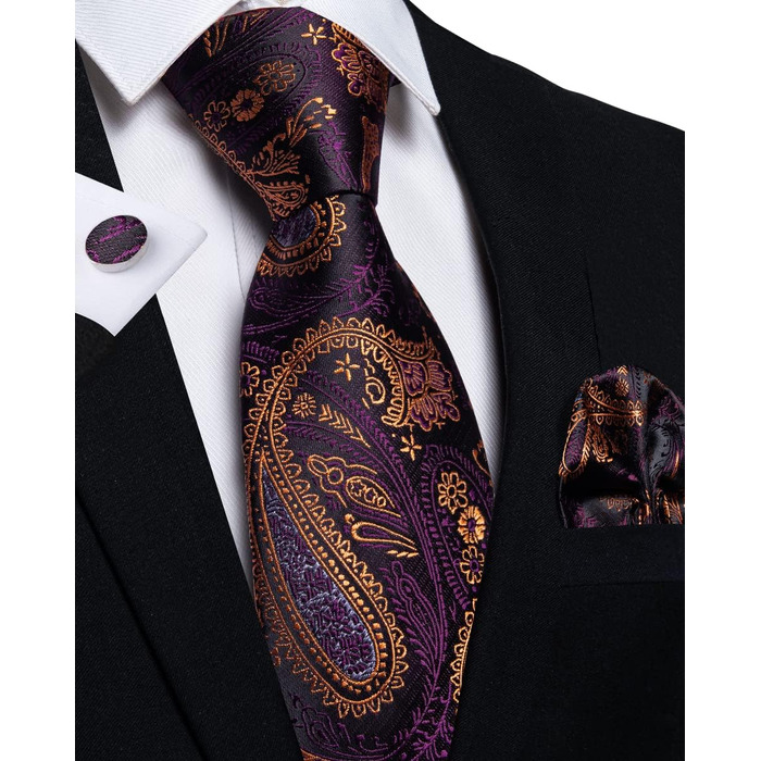Комплект краватки, хустинки та запонок DiBanGu Paisley - шовковий жакард, фіолетово-золотий, діловий стиль