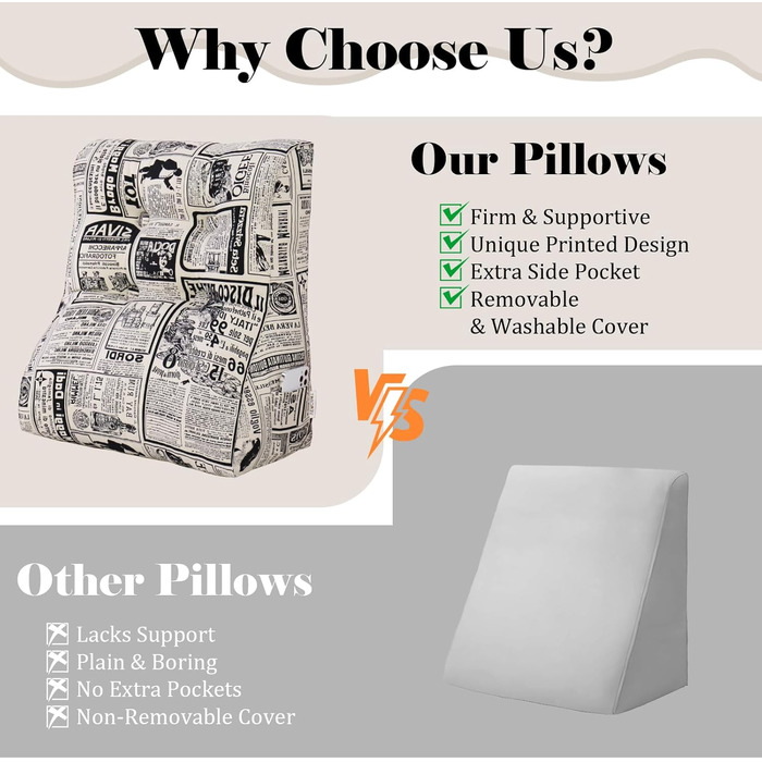 Вигнуте подушення для читання в ліжко, підголівник, клиновий подушок для підтримки спини, піднятий подушок для сидіння в ліжко або диван, знімний чохол (газета, 60 см)