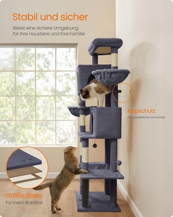 Дім для кота Feandrea, 175 см, XL, багатоярусний, з 2 печерами, 2 лежаками, 5 стовпчиками для дряпання, щіткою для котів, великою платформою, PCT182G01 (XXL, 59 x 48 x 190,7 см, темно-сірий)