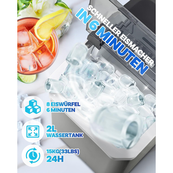 Машина для приготування льоду портативна, 15 кг/24 год, самоочисна, з лопаткою та кошиком, для дому та офісу, матеріал: акрилонітрил-бутадієн-стирол