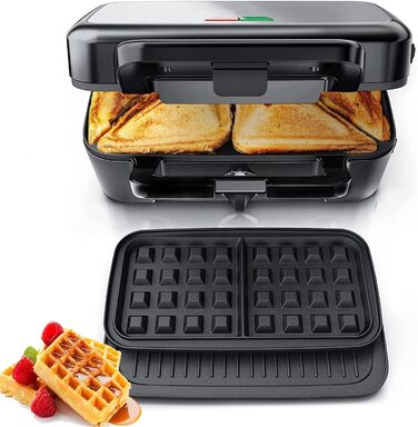 Sandwichmaker 1200W 3-в-1: сендвічниця, вафельниця, контактний гриль з регулюванням температури та антипригарним покриттям | LED-дисплей, нержавіюча сталь/чорний