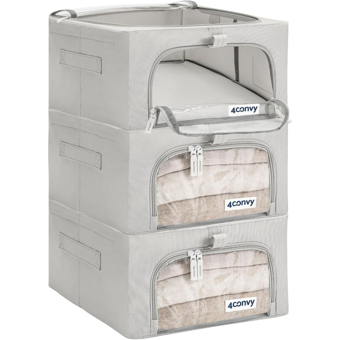 4CONVY Коробка для зберігання одягу з блискавкою та металевим каркасом - 3x24L, сіра, з вікнами (2 шт.) [2024, покращений матеріал]