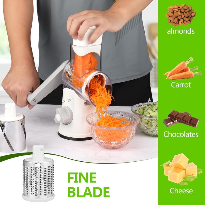 Механічна тертка для сиру та овочів Diealles Shine з ручкою, 3 змінні леза з нержавіючої сталі, для сиру, овочів, горіхів, кави, білий колір