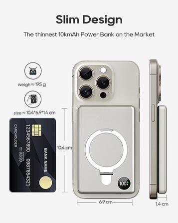 Powerbank MagSafe 10000mAh з PD 20W, бездротова зарядка, USB-C, LED-дисплей, для iPhone 17/16/15/14/13/12, серія Pro/Pro Max, Titanium Grey