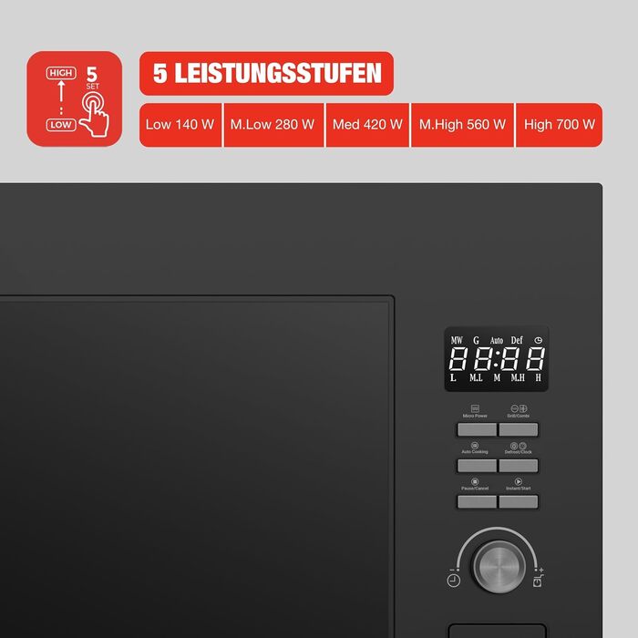 Вбудована мікрохвильова піч Telefunken з грилем, 20 л, чорна, 8 автоменю, 800 Вт, 5 рівнів потужності