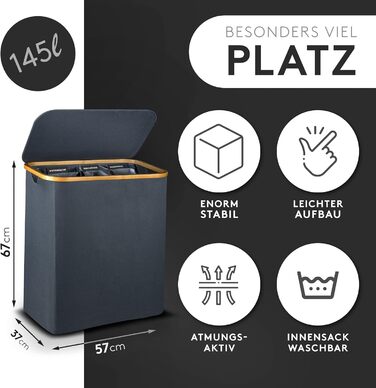 FALKENWERK Laundry Basket with Lid 145L - Water-Repellent Laundry Collector with 3 Compartments & Removable Laundry Bags - Foldable Laundry Box with Washing Instructions - Laundry Basket 3 Compartments