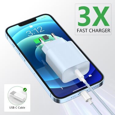 Зарядний пристрій USB-C 20W з кабелем Type-C 2м для iPhone 16/15/Pro/Air, комплект 2 шт. (Синій+Рожевий)