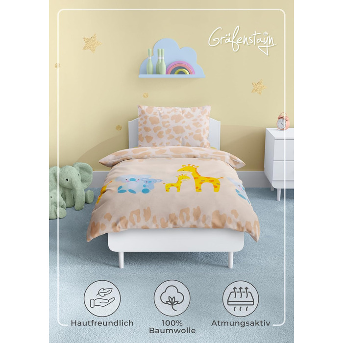 Комплект постільної білизни для дітей Gräfenstayn® з принтом тварин (жирафа, слон, коала) - 100% бавовна (ренфорс) - ковдра 135x100 см, подушка 60x40 см
