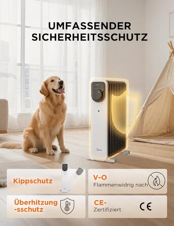Електричний масляний радіатор Midea 2000W з 11 ребрами, 3 режими нагріву, термостат, захист від перекидання та перегріву, тихий, для дому та офісу