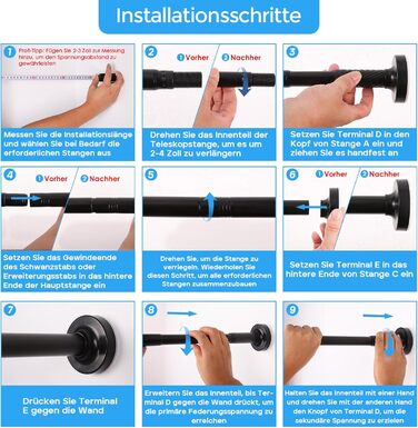 Штанга для штор без свердління AIZESI 100-230 см Ø 25 мм, телескопічна, для кріплення - регульована штанга для вікна, душу, балкону (чорний, 81-158 см)