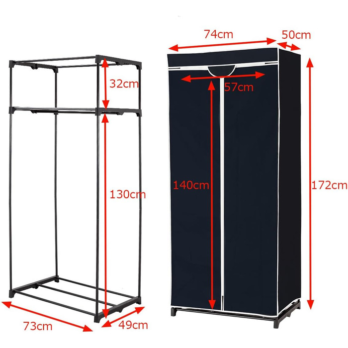 COSTWAY Wardrobe Fabric, Fabric Closet with Clothes Rod & Shelf, Fabric Clothes Closet, Folding Closet, Textile Closet for Living Room, Bedroom, Basement, 74 x 50 x 172 cm (Black)