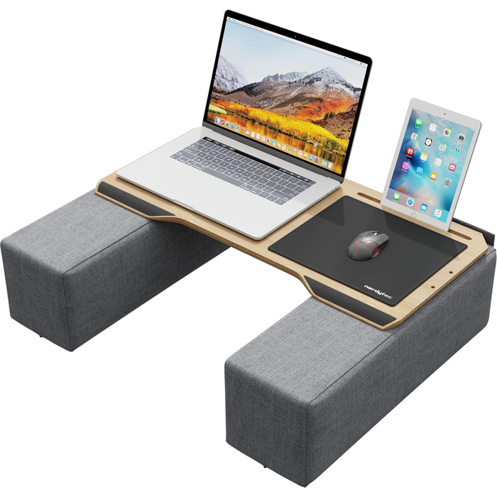 Стіл для ноутбука Couchmaster CYWORX: ергономічний, для дивану, софи та ліжка. Широкий стіл для ноутбука з підключенням периферії. Кольори: сірий, коричневий, чорний