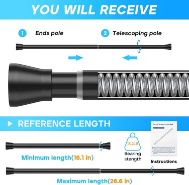 Штанга для карниза без свердління 113-196 см, телескопічна, для душу, фіранки, вікна, кухні, шафи. Набір (4 шт., 41-66 см, чорний)