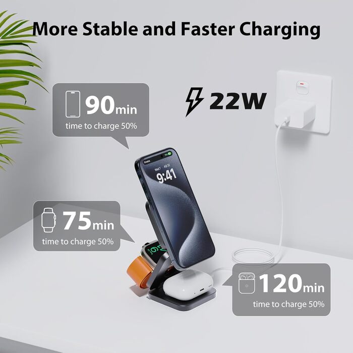 Зарядна станція KU XIU X55 15W MagSafe 3-в-1: для Apple Watch, iPhone 17-12, AirPods + USB-C 30W адаптер, сіра, складана, магнітна
