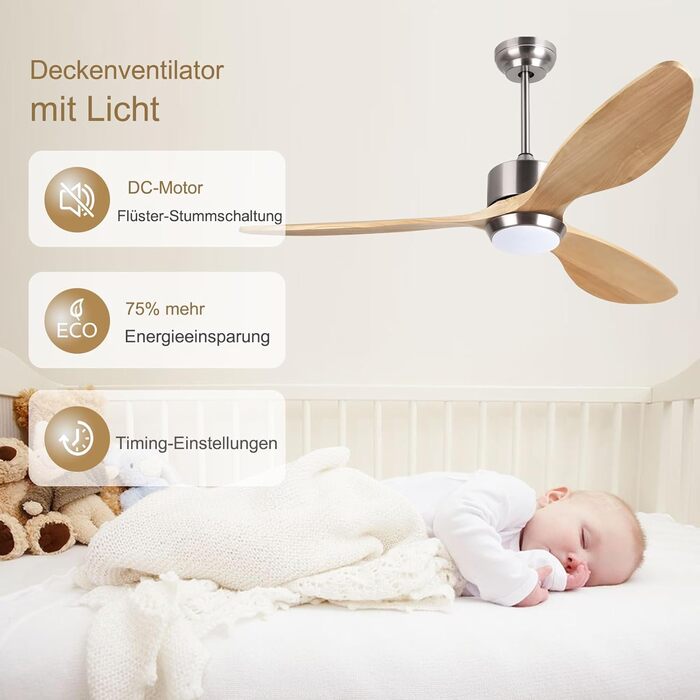 Deckenventilлятор Ovlaim 132 см з освітленням та пультом керування, тихий DC мотор, 3 лопаті, для дому, вітальні, спальні, Burlywood/Silver