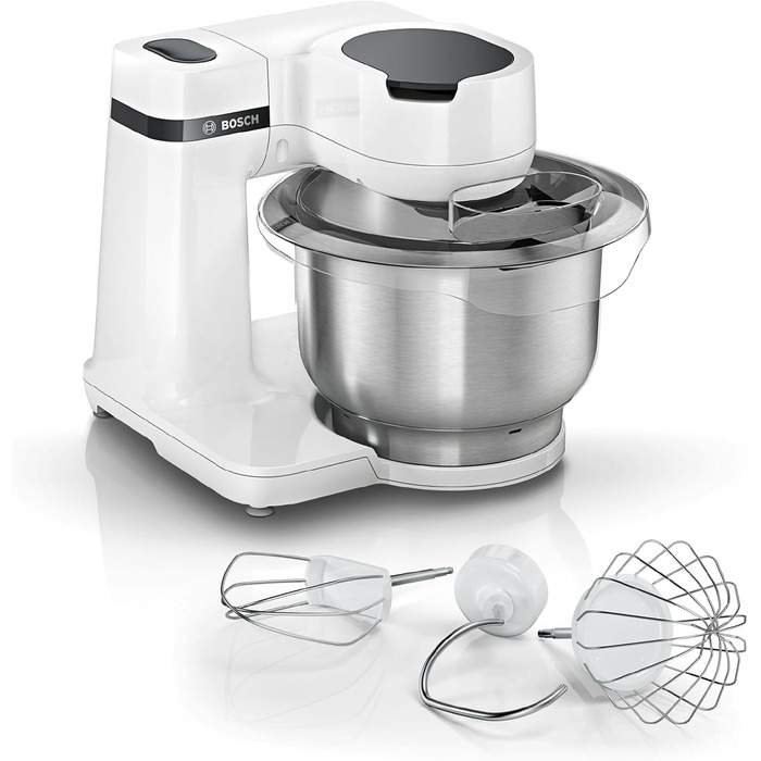 Bosch Kitchen Machine Series 2 MUMS2EW00, 3.8 L Stainless Steel Bowl, Planetary Mixing System, Dough Hook, Beaters and Whisk (Stainless Steel), 4 Speed Settings, Expandable with Optional Accessories, 700W, White