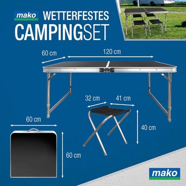 Складаний кемпінговий стіл з алюмінієвою рамою та стільницею МДФ 120x60x70 см + 4 стільці - для пікніка, дачі, відпочинку на природі