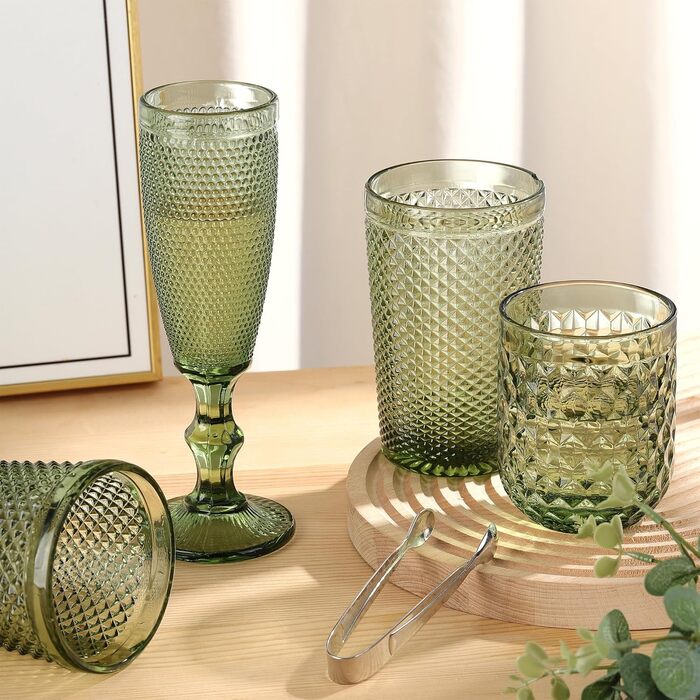 Joeyan 200ml Small Green Drinking Glasses Set of 6, Colorful Water Glasses Set with Diamond Embossed Design, Vintage Glasses Set for Home Restaurant Bar, Dishwasher Safe