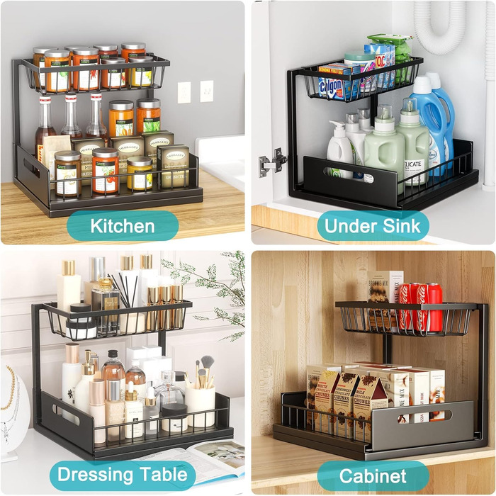 Cocolemon Under Sink Shelf Organizer, 2-Tier Kitchen Cabinet Organizer with Drawer, Large Capacity Under Sink Shelf, Spice Rack and Kitchen Helper for Kitchen, Bathroom, Under Cabinet, Black (2 PCS)