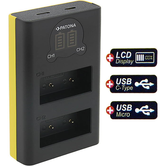Зарядний пристрій Patona Dual LCD USB-C для акумуляторів Fujifilm NP-W126s/NP-W126 (X-T5, X-T50, X100VI, X-S10, X-T30, X-Pro3) з дисплеєм заряду + USB-кабель