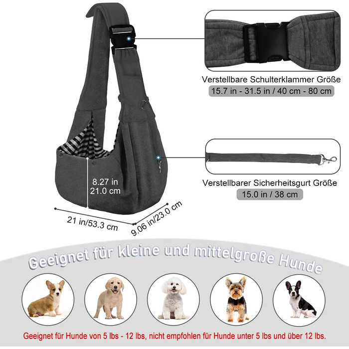 PetLoft Сумка-переноска для собак, реверсивна, регульована, Cross-Body Carrier для собак/котів/кроликів (темно-сірий)