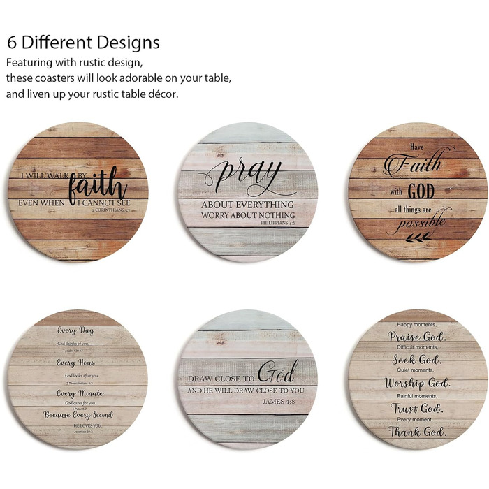 Hoomey Drink Coasters with Bible Verses, 6 Pack - Absorbent Drink Coasters with Holder, Ceramic Coasters with Cork Back for Table Protection, Christian Coasters, Christian (Set of 6 Christian Coasters)