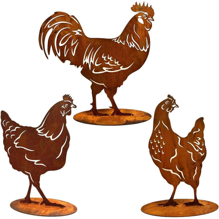 Stahldesign Edelrost Chicken Set, Life-Size for Display, Handmade in Germany. Wonderful garden decoration made of rust-colored metal, rust-look decor, rust figures animals, rust figures garden, rust decor.