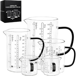 LIBWYS Measuring Cups Glass 5-Piece Set, 1L + 500ml + 350ml + 2x75ml, Heat-Resistant Borosilicate Glass with Anti-Slip Silicone Pad, Graduations in Liters, Milliliters, Cups & Ounces, Dishwasher Safe