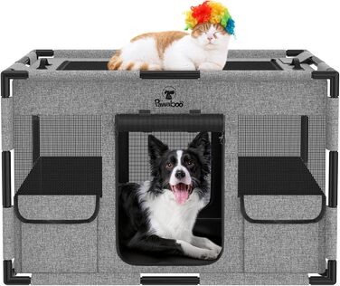 Pawaboo Забіг для цуценят Extra Large, портативний вольєр для тварин, переноска для собак та котів, вольєр для собак, посилений каркас з ПВХ, великий, L-91×61×61CM (M-81x61x61CM, чорний/сірий)