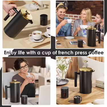 Enfmay French Press Coffee Maker 1L, Stainless Steel Coffee Maker, Portable Coffee Maker with Filter, Double-Walled Insulated French Press, for Travel, Camping, with 100ml Coffee Canister, Black 1000ML Black