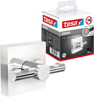 tesa EKKRO Towel Hook, Chrome-plated Stainless Steel - Bathroom Hook for Wall Mounting without Drilling, including Adhesive Solution - 50mm x 50mm x 63mm