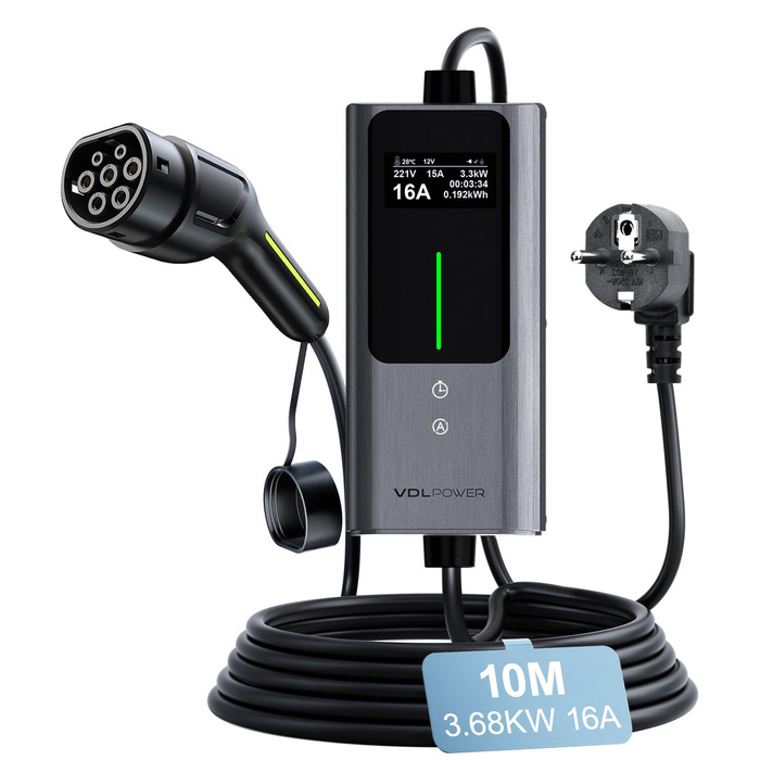 Кабель для зарядки електромобіля Type 2, 3.6 кВт, 5 м, 6-16A, портативний зарядний пристрій EV, сумісний з EU-Schuko (3.68 кВт)