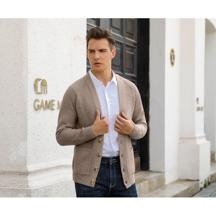 Чоловічий в'язаний кардиган Sailwind з V-подібним вирізом, зимова куртка, класичний дизайн, довгий рукав, з ґудзиками та кишенями (Пустельний хакі, L)