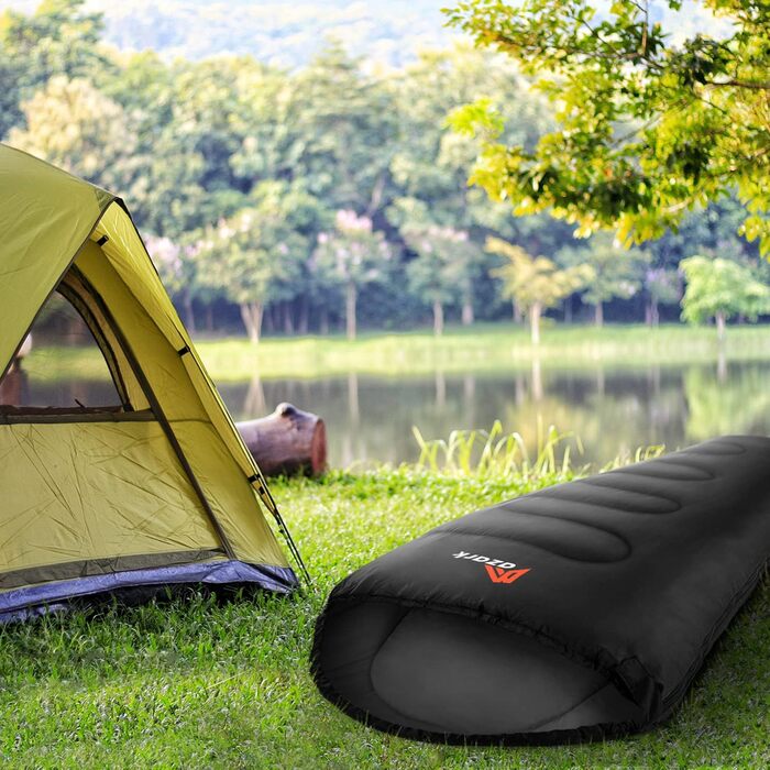 Сплячий мішок Azark Premium, 350 г/м², легкий та водонепроникний, 4 сезони для кемпінгу, піших прогулянок та відпочинку на природі. Підходить для дорослих та дітей (Чорний)