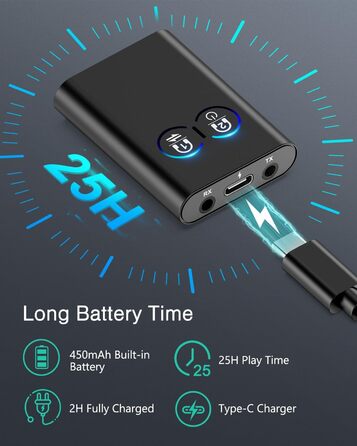 ORIA Bluetooth 5.3 Аудіоадаптер 2-в-1: для стереосистем, навушників, колонок, ноутбуків. Зарядка Type-C (Чорний)