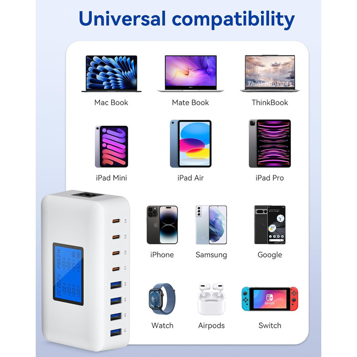 Зарядний пристрій USB-C 200W, 8 портів, LCD-дисплей, PD 65W для MacBook, iPad, iPhone 16/15/14/13 Pro/Max, Samsung S24/S23 - Чорний