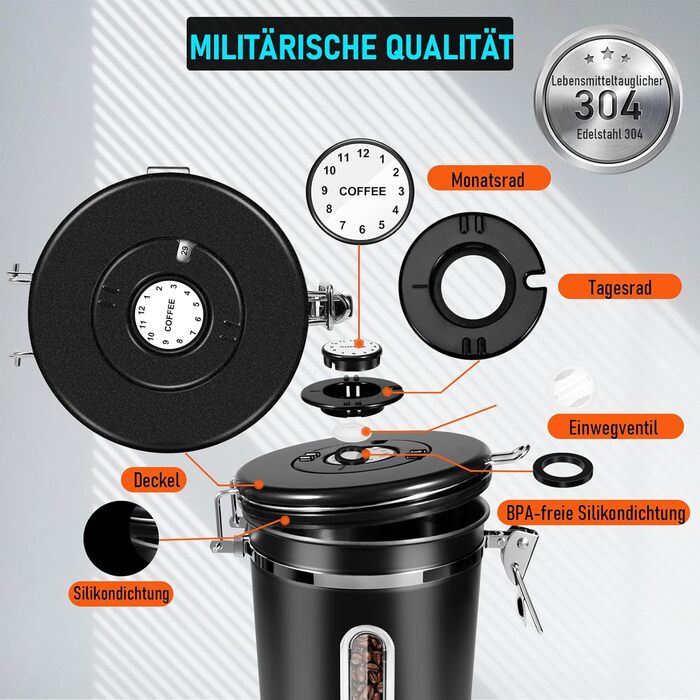 Герметичний контейнер для кави 1 кг: нержавіюча сталь, вікно, датчик дати, мірна ложка 30 мл, CO₂-вентиль, для кавових зерен, чаю, цукру
