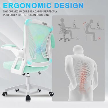 Офісний стілець з регульованими підлокітниками, ергономічний, з сітчастою спинкою, підтримкою попереку, регульованою висотою, м'яким сидінням, поворотний на 360°, (зелений)