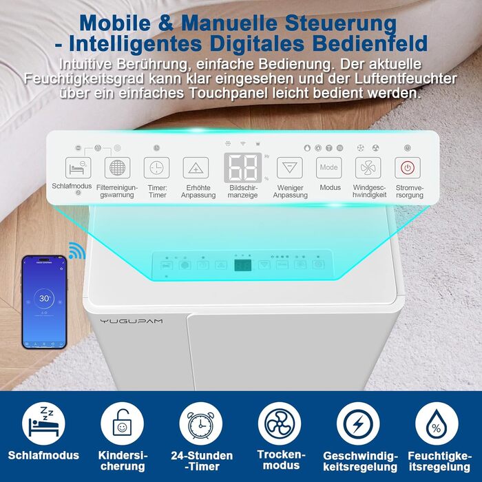 Електричний осушувач повітря 30л/день з Wi-Fi, 4 режими, автоматичне осушення, таймер, дренаж, для дому/квартири/підвалу