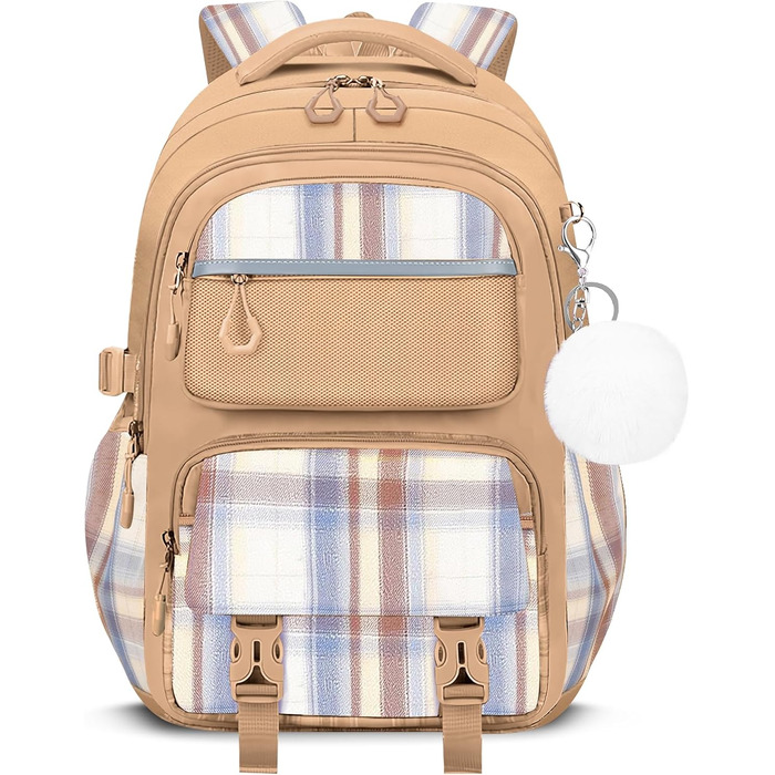 Шкільний рюкзак Tanou для дівчаток, ергономічний, великий, модний в клітинку, для підлітків, для подорожей (коричневий)