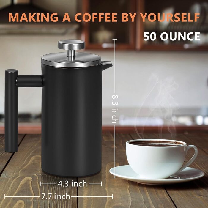 Make Large French Press Coffee Maker, Double Insulated 304 Stainless Steel French Press with 3 Extra Filters, 1.5 Liter Stainless Steel Coffee Machine (1500ml, Black) 1500ml Black