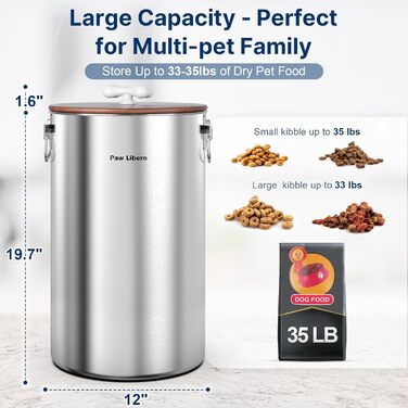 Органайзер для корму для собак 35 lbs з нержавіючої сталі з дерев'яним кришкою та ручкою з кераміки, великий контейнер для корму для собак та котів, зберігає свіжість, легко миється
