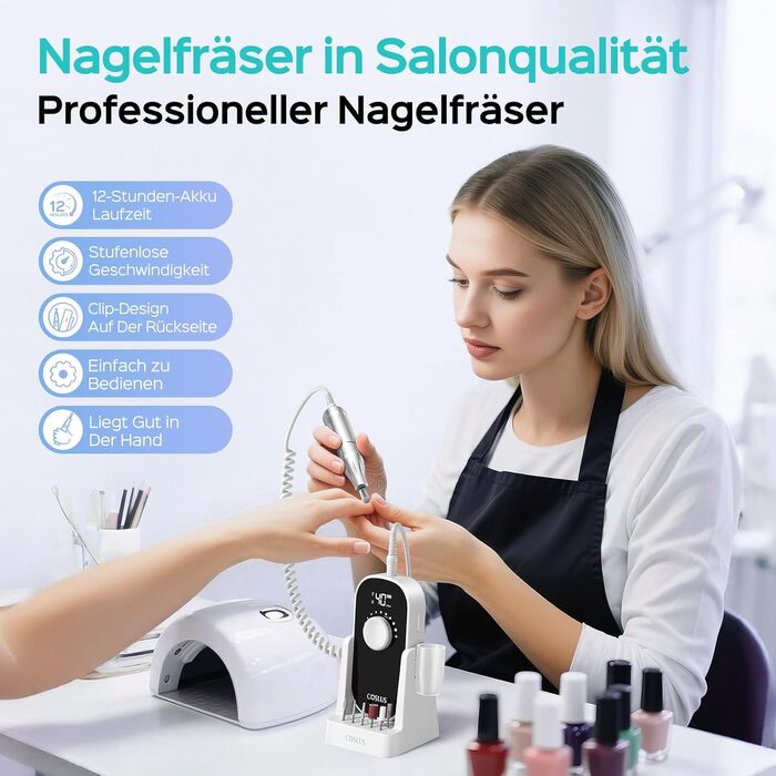 Електрична машинка для манікюру COSLUS 40000 об/хв: професійний набір для догляду за нігтями 6-в-1. Підходить для гелевих та акрилових нігтів, видалення гелю та педикюру. Компактна, тиха, біла.