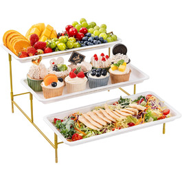 Lifewit 3-Tier Etagere with 36 x 17 cm Plastic Serving Plates, 3-Level Tray Serving Platter Serving Dishes with Folding Golden Metal Shelf, Buffet Party Accessories for Vegetables/Fruit/Cookies/Cake