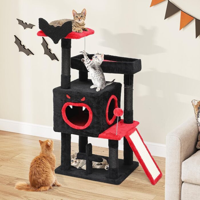 Кігтеточка YITAHOME Готичний XL, 160 см, з 4 колонами з сизалю, 1 дощечкою для шліфування, гамаком, 2 кулями-мавпами, платформами-ліжками, для шліфування, чорна (40 x 48 x 111 см)
