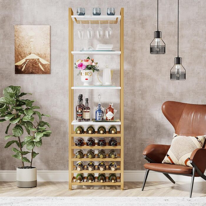 Tribesigns 20 Bottle Wine Baker's Rack, Freestanding Floor Wine Rack, 9 Tiers, Industrial Freestanding Wine Rack Wine Bar with Glass Holder Bottle Shelf for Bar, Kitchen, Dining Room, (Gold, 1 PC)