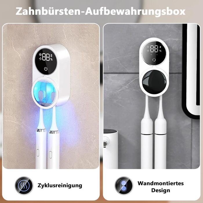 Justup Toothbrush Holder, Toothbrush Sanitizer for Cleaning and Air Drying, LED Smart Screen, Rechargeable Wall Mount for Bathroom, Wall-Mounted Toothbrush Holder for Family Use (White)
