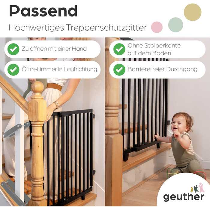 Безпечне ворота Geuther Oris для дитячого захисту на сходах | Дерев'яне ворота з дверцятами, ширина 67-95 см, чорний колір, з кріпленнями для поручнів