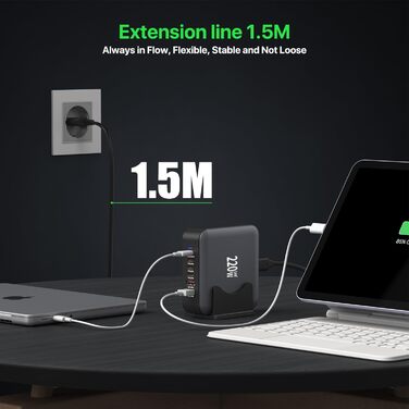 Зарядний пристрій USB-C 200W, 8 портів, GaN адаптер для MacBook Air/iPad/iPhone 15/16/Galaxy S23 - Чорний